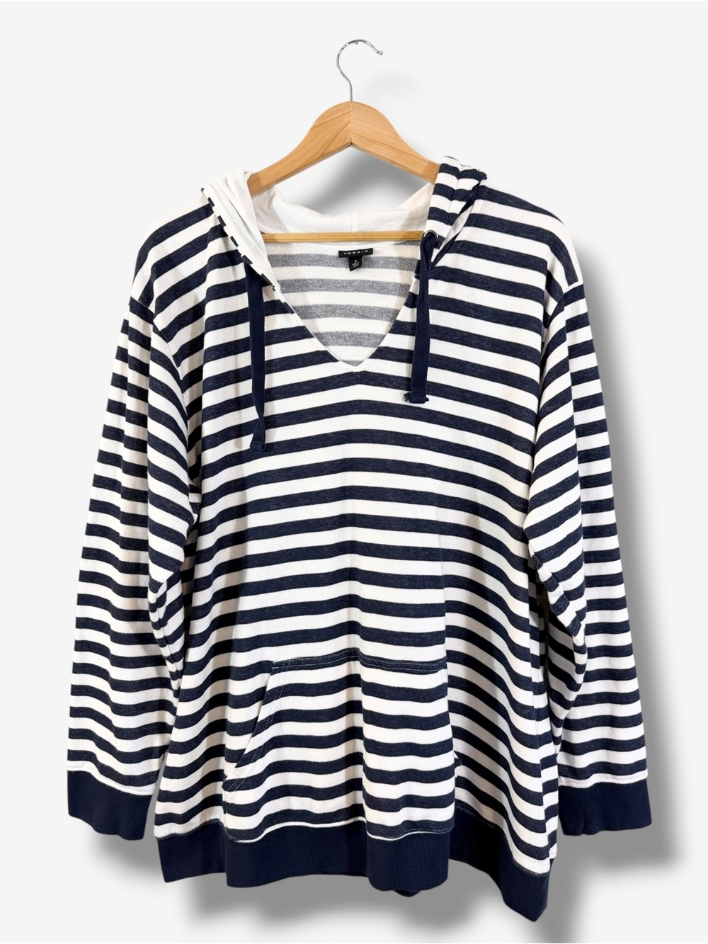 Torrid Navy White Striped Pullover Hoodie 3X V Neck Kangaroo Pocket